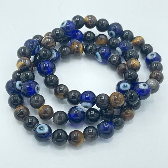 Crystal beaded stretch bracelet ONE NEW evil eye yellow tiger eye silver obsidia - Picture 10 of 10